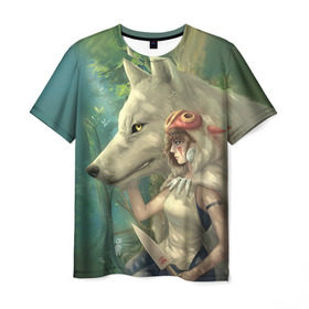 Мужская футболка 3D с принтом Принцесса и волк в Белгороде, 100% полиэфир | прямой крой, круглый вырез горловины, длина до линии бедер | волк | классика | лес | мононоке | фэнтези | хидео | хит