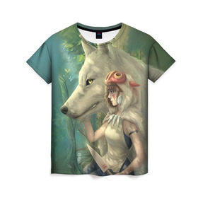Женская футболка 3D с принтом Принцесса и волк в Белгороде, 100% полиэфир ( синтетическое хлопкоподобное полотно) | прямой крой, круглый вырез горловины, длина до линии бедер | волк | классика | лес | мононоке | фэнтези | хидео | хит