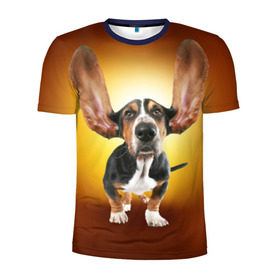 Мужская футболка 3D спортивная с принтом Бассетхаунд в Белгороде, 100% полиэстер с улучшенными характеристиками | приталенный силуэт, круглая горловина, широкие плечи, сужается к линии бедра | бассетхаунд | ветер | музыка | наушники | собака | уши
