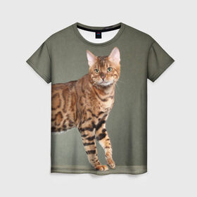 Женская футболка 3D с принтом Бенгальский кот в Белгороде, 100% полиэфир ( синтетическое хлопкоподобное полотно) | прямой крой, круглый вырез горловины, длина до линии бедер | бенгальский | домашняя | животное | кот | котэ | кошка
