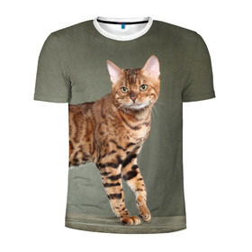 Мужская футболка 3D спортивная с принтом Бенгальский кот в Белгороде, 100% полиэстер с улучшенными характеристиками | приталенный силуэт, круглая горловина, широкие плечи, сужается к линии бедра | Тематика изображения на принте: бенгальский | домашняя | животное | кот | котэ | кошка