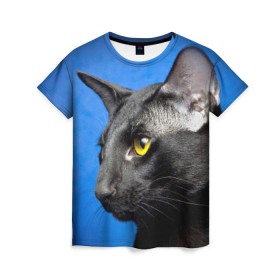 Женская футболка 3D с принтом Черный кот в Белгороде, 100% полиэфир ( синтетическое хлопкоподобное полотно) | прямой крой, круглый вырез горловины, длина до линии бедер | домашняя | животное | кот | котэ | кошка | черный
