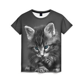 Женская футболка 3D с принтом Котенок в Белгороде, 100% полиэфир ( синтетическое хлопкоподобное полотно) | прямой крой, круглый вырез горловины, длина до линии бедер | домашняя | животное | кот | котэ | кошка