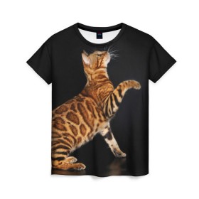 Женская футболка 3D с принтом Бенгальская кошка в Белгороде, 100% полиэфир ( синтетическое хлопкоподобное полотно) | прямой крой, круглый вырез горловины, длина до линии бедер | бенгальская | домашняя | животное | кот | котэ | кошка