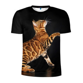 Мужская футболка 3D спортивная с принтом Бенгальская кошка в Белгороде, 100% полиэстер с улучшенными характеристиками | приталенный силуэт, круглая горловина, широкие плечи, сужается к линии бедра | Тематика изображения на принте: бенгальская | домашняя | животное | кот | котэ | кошка