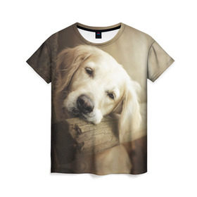 Женская футболка 3D с принтом Золотистый ретривер в Белгороде, 100% полиэфир ( синтетическое хлопкоподобное полотно) | прямой крой, круглый вырез горловины, длина до линии бедер | животное | золотистый ретривер | порода | собака