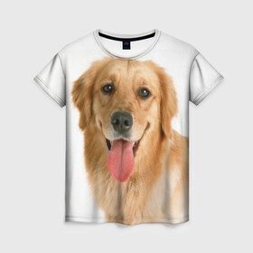 Женская футболка 3D с принтом Золотистый ретривер в Белгороде, 100% полиэфир ( синтетическое хлопкоподобное полотно) | прямой крой, круглый вырез горловины, длина до линии бедер | животное | золотистый ретривер | порода | собака