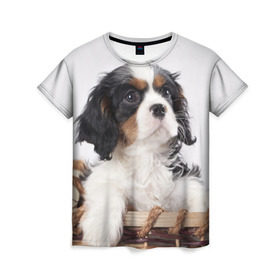 Женская футболка 3D с принтом Кинг чарльз спаниель в Белгороде, 100% полиэфир ( синтетическое хлопкоподобное полотно) | прямой крой, круглый вырез горловины, длина до линии бедер | животное | кинг чарльз спаниель | порода | собака