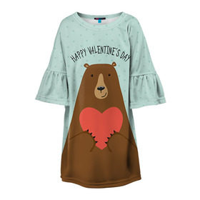 Детское платье 3D с принтом Медведь с сердцем в Белгороде, 100% полиэстер | прямой силуэт, чуть расширенный к низу. Круглая горловина, на рукавах — воланы | Тематика изображения на принте: 14 февраля | bears | love | love you | валентин | влюбленные | день святого валентина | лав | любовь | медведб | медведи | мишки | подарок девушке | подарок парню