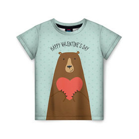 Детская футболка 3D с принтом Медведь с сердцем в Белгороде, 100% гипоаллергенный полиэфир | прямой крой, круглый вырез горловины, длина до линии бедер, чуть спущенное плечо, ткань немного тянется | Тематика изображения на принте: 14 февраля | bears | love | love you | валентин | влюбленные | день святого валентина | лав | любовь | медведб | медведи | мишки | подарок девушке | подарок парню