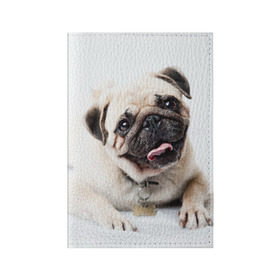 Обложка для паспорта матовая кожа с принтом Мопс в Белгороде, натуральная матовая кожа | размер 19,3 х 13,7 см; прозрачные пластиковые крепления | Тематика изображения на принте: животное | мопс | порода | собака
