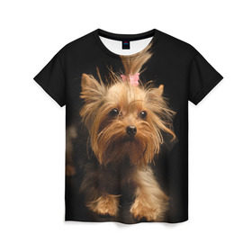 Женская футболка 3D с принтом Йоркширский терьер в Белгороде, 100% полиэфир ( синтетическое хлопкоподобное полотно) | прямой крой, круглый вырез горловины, длина до линии бедер | Тематика изображения на принте: животное | йоркширский терьер | порода | собака