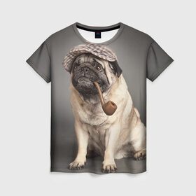Женская футболка 3D с принтом Мопс в кепке в Белгороде, 100% полиэфир ( синтетическое хлопкоподобное полотно) | прямой крой, круглый вырез горловины, длина до линии бедер | Тематика изображения на принте: животное | мопс | порода | собака