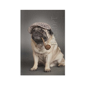 Обложка для паспорта матовая кожа с принтом Мопс в кепке в Белгороде, натуральная матовая кожа | размер 19,3 х 13,7 см; прозрачные пластиковые крепления | Тематика изображения на принте: животное | мопс | порода | собака