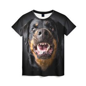 Женская футболка 3D с принтом Ротвейлер в Белгороде, 100% полиэфир ( синтетическое хлопкоподобное полотно) | прямой крой, круглый вырез горловины, длина до линии бедер | животное | порода | ротвейлер | собака
