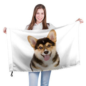 Флаг 3D с принтом Пемброк-вельш-корги в Белгороде, 100% полиэстер | плотность ткани — 95 г/м2, размер — 67 х 109 см. Принт наносится с одной стороны | Тематика изображения на принте: животное | пемброк вельш корги | порода | собака