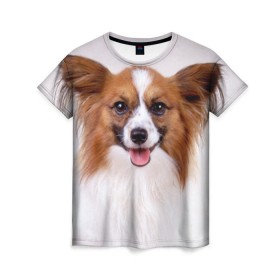 Женская футболка 3D с принтом Папийон в Белгороде, 100% полиэфир ( синтетическое хлопкоподобное полотно) | прямой крой, круглый вырез горловины, длина до линии бедер | животное | папийон | порода | собака