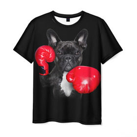 Мужская футболка 3D с принтом Французский бульдог в Белгороде, 100% полиэфир | прямой крой, круглый вырез горловины, длина до линии бедер | Тематика изображения на принте: бокс | перчатки | собака | французский бульдог