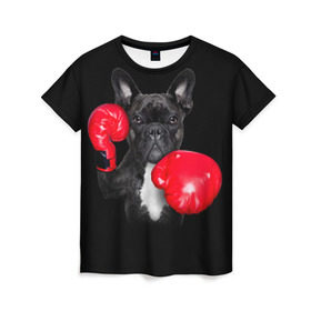 Женская футболка 3D с принтом Французский бульдог в Белгороде, 100% полиэфир ( синтетическое хлопкоподобное полотно) | прямой крой, круглый вырез горловины, длина до линии бедер | Тематика изображения на принте: бокс | перчатки | собака | французский бульдог