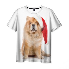 Мужская футболка 3D с принтом Чау-чау в Белгороде, 100% полиэфир | прямой крой, круглый вырез горловины, длина до линии бедер | новый год | санта клаус | собака | чау чау
