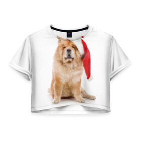 Женская футболка 3D укороченная с принтом Чау-чау в Белгороде, 100% полиэстер | круглая горловина, длина футболки до линии талии, рукава с отворотами | новый год | санта клаус | собака | чау чау