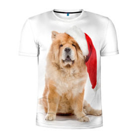 Мужская футболка 3D спортивная с принтом Чау-чау в Белгороде, 100% полиэстер с улучшенными характеристиками | приталенный силуэт, круглая горловина, широкие плечи, сужается к линии бедра | новый год | санта клаус | собака | чау чау
