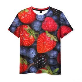 Мужская футболка 3D с принтом Berries в Белгороде, 100% полиэфир | прямой крой, круглый вырез горловины, длина до линии бедер | strawberry | vegan | vegetarian | веган | вегетарианство | земляника | йога | клубника | фитнес | черника | ягода