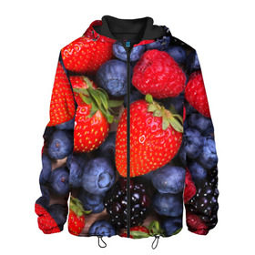 Мужская куртка 3D с принтом Berries в Белгороде, ткань верха — 100% полиэстер, подклад — флис | прямой крой, подол и капюшон оформлены резинкой с фиксаторами, два кармана без застежек по бокам, один большой потайной карман на груди. Карман на груди застегивается на липучку | Тематика изображения на принте: strawberry | vegan | vegetarian | веган | вегетарианство | земляника | йога | клубника | фитнес | черника | ягода