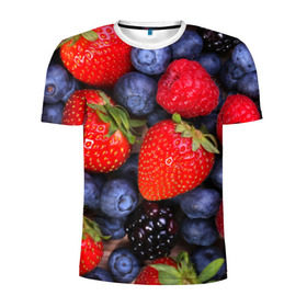 Мужская футболка 3D спортивная с принтом Berries в Белгороде, 100% полиэстер с улучшенными характеристиками | приталенный силуэт, круглая горловина, широкие плечи, сужается к линии бедра | strawberry | vegan | vegetarian | веган | вегетарианство | земляника | йога | клубника | фитнес | черника | ягода