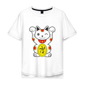 Мужская футболка хлопок Oversize с принтом Японский котик в Белгороде, 100% хлопок | свободный крой, круглый ворот, “спинка” длиннее передней части | иероглиф | кот | япония