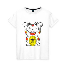 Женская футболка хлопок с принтом Японский котик в Белгороде, 100% хлопок | прямой крой, круглый вырез горловины, длина до линии бедер, слегка спущенное плечо | иероглиф | кот | япония