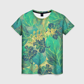 Женская футболка 3D с принтом Узор из листьев в Белгороде, 100% полиэфир ( синтетическое хлопкоподобное полотно) | прямой крой, круглый вырез горловины, длина до линии бедер | зелень | лето | листья | мозаика | узор