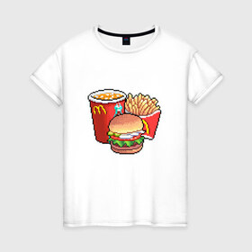 Женская футболка хлопок с принтом Фастфуд в Белгороде, 100% хлопок | прямой крой, круглый вырез горловины, длина до линии бедер, слегка спущенное плечо | бургер | макдак | фри