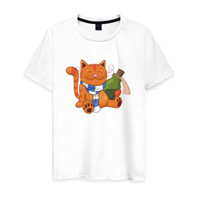 Мужская футболка хлопок с принтом Довольный кот с бутылкой в Белгороде, 100% хлопок | прямой крой, круглый вырез горловины, длина до линии бедер, слегка спущенное плечо. | Тематика изображения на принте: 