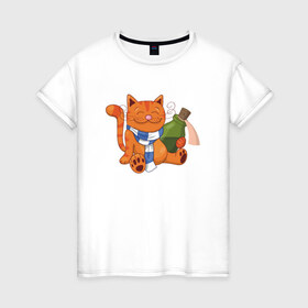 Женская футболка хлопок с принтом Довольный кот с бутылкой в Белгороде, 100% хлопок | прямой крой, круглый вырез горловины, длина до линии бедер, слегка спущенное плечо | 