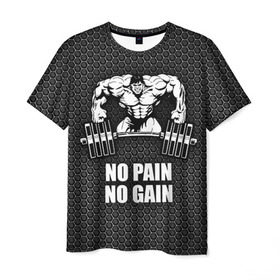 Мужская футболка 3D с принтом No pain no gain 2 в Белгороде, 100% полиэфир | прямой крой, круглый вырез горловины, длина до линии бедер | bodybuilding | no pain no gain | train hard | бодибилдинг | качалка | пауэрлифинг | тренажерный | фитнес