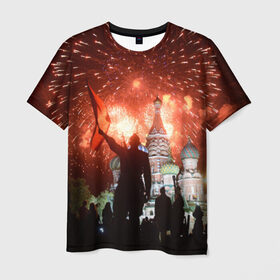 Мужская футболка 3D с принтом Салют на Красной площади в Белгороде, 100% полиэфир | прямой крой, круглый вырез горловины, длина до линии бедер | Тематика изображения на принте: красная площади | покровский | салют | собор | солдат