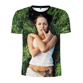 Мужская футболка 3D спортивная с принтом Джоли Анджелина в Белгороде, 100% полиэстер с улучшенными характеристиками | приталенный силуэт, круглая горловина, широкие плечи, сужается к линии бедра | анджелина | девушка | джоли | лежит | тату