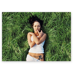 Поздравительная открытка с принтом Джоли Анджелина в Белгороде, 100% бумага | плотность бумаги 280 г/м2, матовая, на обратной стороне линовка и место для марки
 | Тематика изображения на принте: анджелина | девушка | джоли | лежит | тату