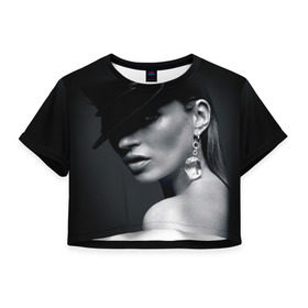 Женская футболка 3D укороченная с принтом Девушка в шляпе в Белгороде, 100% полиэстер | круглая горловина, длина футболки до линии талии, рукава с отворотами | бриллиант | девушка | красивая | серьга | шляпа