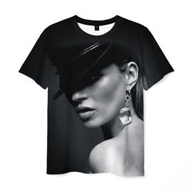 Мужская футболка 3D с принтом Девушка в шляпе в Белгороде, 100% полиэфир | прямой крой, круглый вырез горловины, длина до линии бедер | Тематика изображения на принте: бриллиант | девушка | красивая | серьга | шляпа