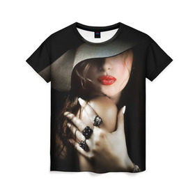Женская футболка 3D с принтом Загадочная девушка в Белгороде, 100% полиэфир ( синтетическое хлопкоподобное полотно) | прямой крой, круглый вырез горловины, длина до линии бедер | губы | девушка | загадочная | перстни | шляпа