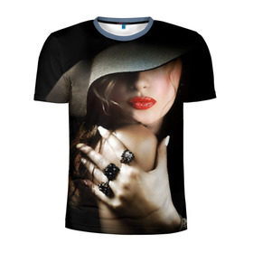 Мужская футболка 3D спортивная с принтом Загадочная девушка в Белгороде, 100% полиэстер с улучшенными характеристиками | приталенный силуэт, круглая горловина, широкие плечи, сужается к линии бедра | губы | девушка | загадочная | перстни | шляпа