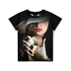 Детская футболка 3D с принтом Загадочная девушка в Белгороде, 100% гипоаллергенный полиэфир | прямой крой, круглый вырез горловины, длина до линии бедер, чуть спущенное плечо, ткань немного тянется | Тематика изображения на принте: губы | девушка | загадочная | перстни | шляпа