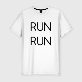 Мужская футболка премиум с принтом RUN в Белгороде, 92% хлопок, 8% лайкра | приталенный силуэт, круглый вырез ворота, длина до линии бедра, короткий рукав | Тематика изображения на принте: bts | jimin | jin | joonguk | rap monster | run | suga