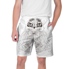 Мужские шорты 3D с принтом Сова в Белгороде,  полиэстер 100% | прямой крой, два кармана без застежек по бокам. Мягкая трикотажная резинка на поясе, внутри которой широкие завязки. Длина чуть выше колен | сова чернобелое
