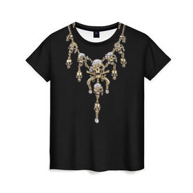 Женская футболка 3D с принтом Золотые черепа в Белгороде, 100% полиэфир ( синтетическое хлопкоподобное полотно) | прямой крой, круглый вырез горловины, длина до линии бедер | 13 | бриллианты | драгоценность | золото | золотые черепа | оружие | пираты | пистолеты | тринадцать | украшение | цепь