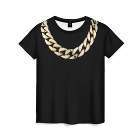 Женская футболка 3D с принтом Золотая цепь в Белгороде, 100% полиэфир ( синтетическое хлопкоподобное полотно) | прямой крой, круглый вырез горловины, длина до линии бедер | драгоценность | золотая цепь | золото | украшение | фон | черный