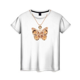 Женская футболка 3D с принтом Золотая бабочка в Белгороде, 100% полиэфир ( синтетическое хлопкоподобное полотно) | прямой крой, круглый вырез горловины, длина до линии бедер | бабочка