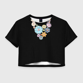 Женская футболка 3D укороченная с принтом Ожерелье в Белгороде, 100% полиэстер | круглая горловина, длина футболки до линии талии, рукава с отворотами | белое | бижутерия | бусы | золото | камни | ожерелье | украшение | цветы | цепь